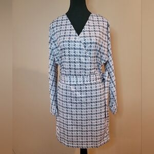 STYLISH MINI DRESS, Long Sleeve, Geometric Pattern, Crossover Neckline, Size Sm
